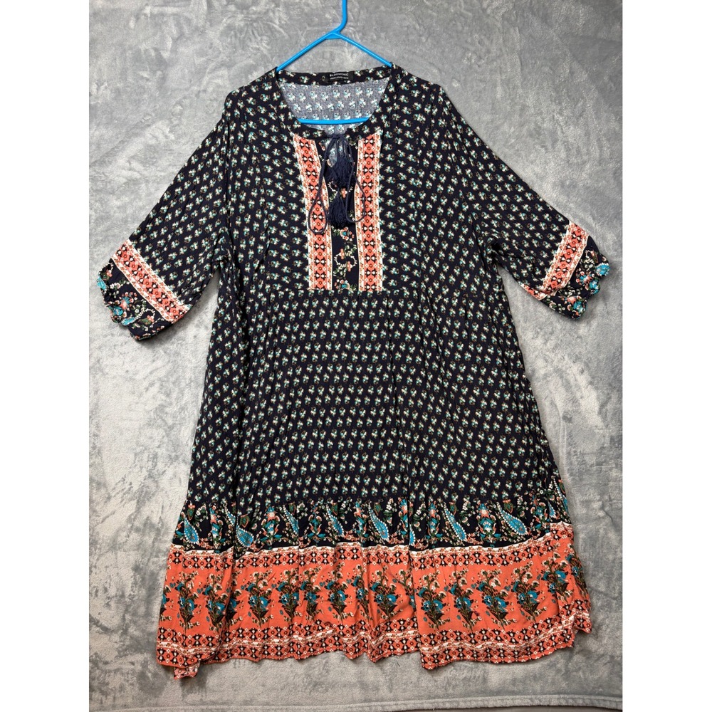 Bloomchic Navy Floral Paisley Tassel Tie Boho Tiered Midi Dress Womens XL